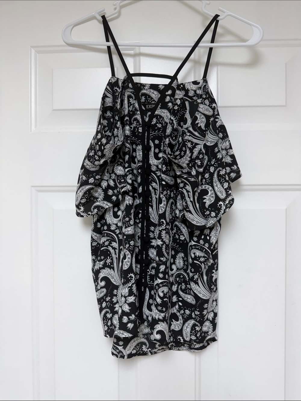 Express Black & White Paisley Ruffle Top